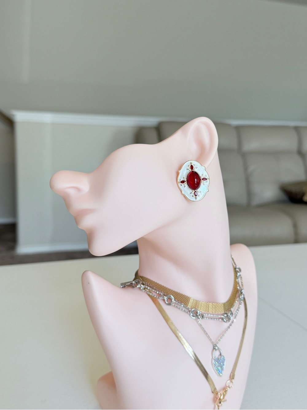 Vintage Gold-Tone Red Cabochon Earrings